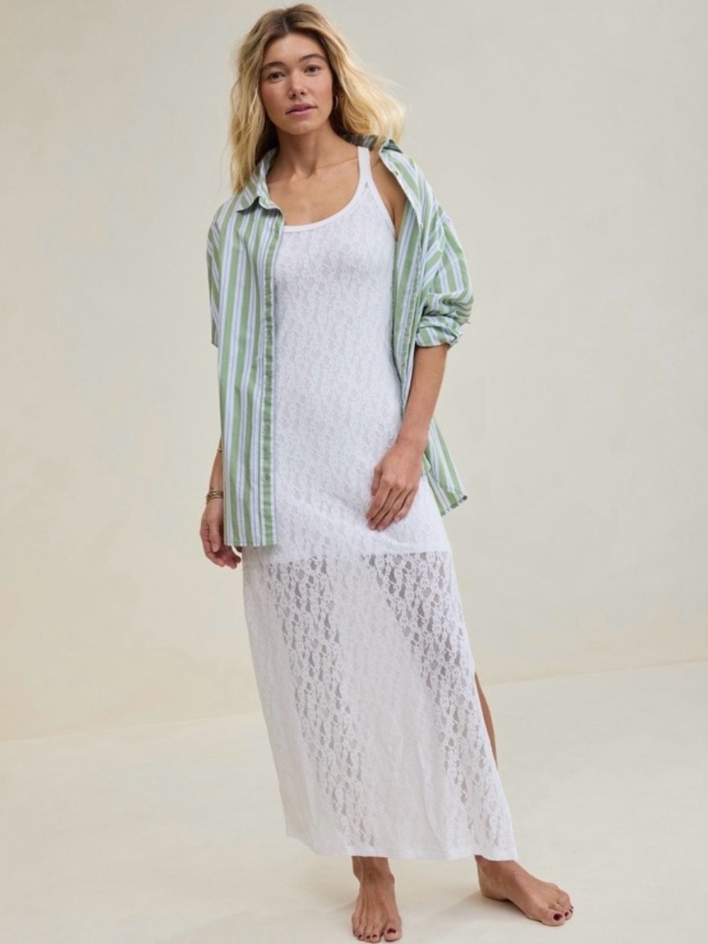 Aerie White Lace Maxi tank Dress XL-TG Split Sides Coastal Beachy Summer Boho